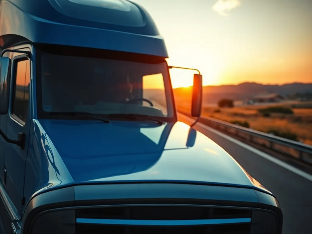 Nowoczesna niebieska ciężarówka pędzi autostradą o zachodzie słońca, symbolizując większą moc i oszczędność paliwa dzięki chiptuningowi
