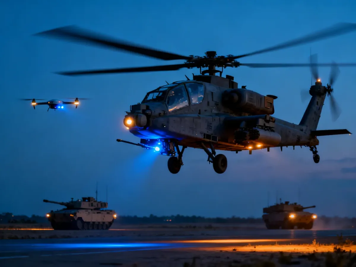 AH-64E Apache współpracujący z bezzałogowcem podczas operacji o zmierzchu