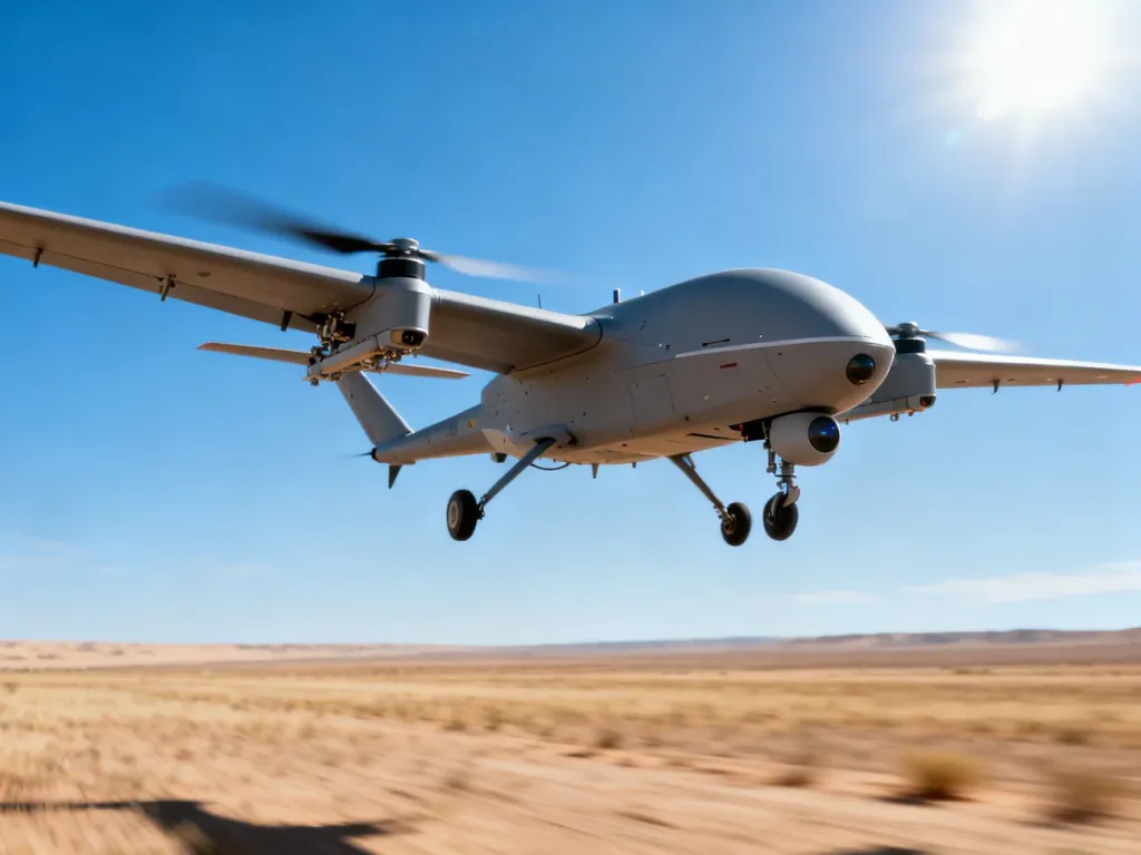 Dron wojskowy Bayraktar w locie nad pustynnym terenem w pełnym słońcu.