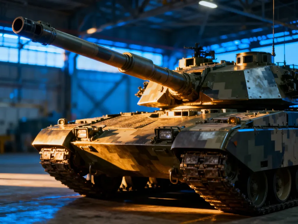 Zbliżenie na nowoczesną wieżę i lufę czołgu K2 Black Panther w hangarze, podkreślające zaawansowaną technologię pancerza.