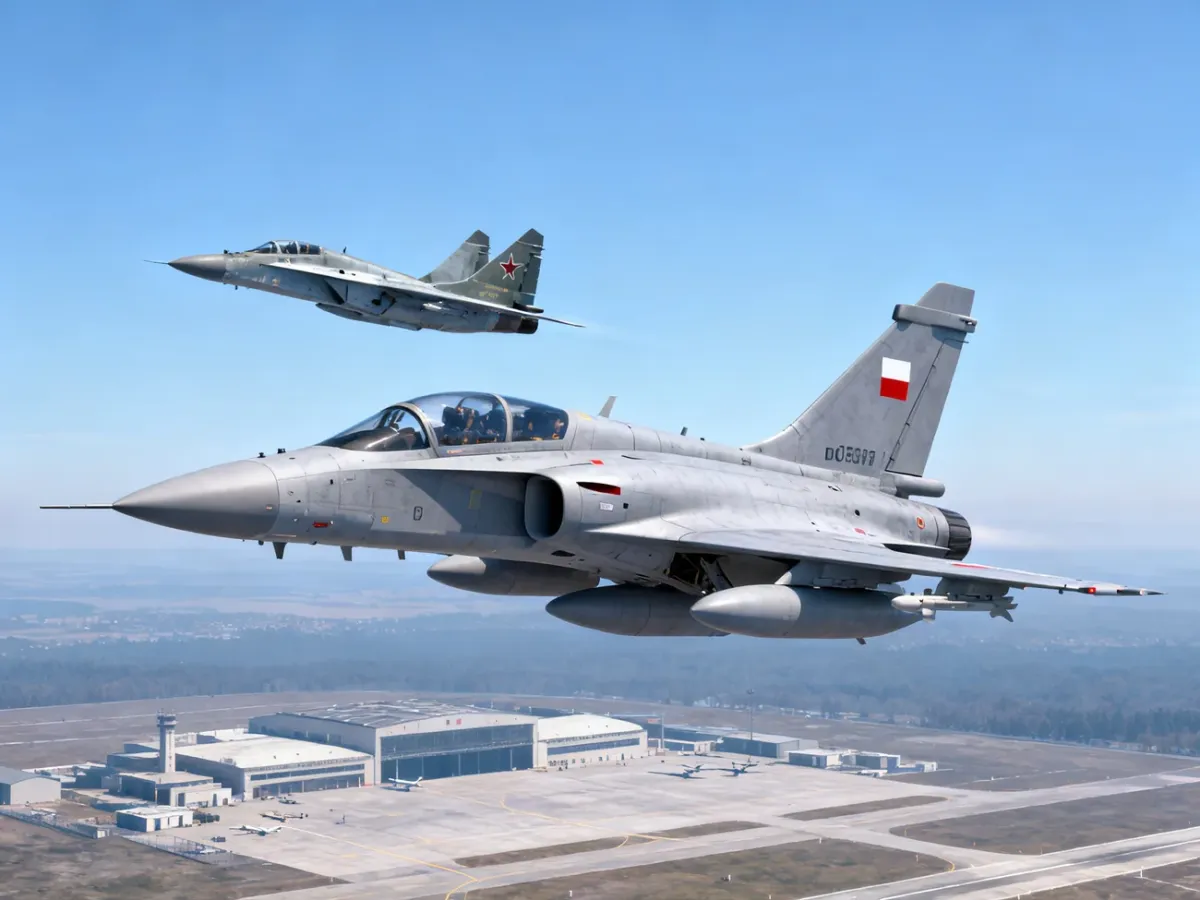 FA-50 i MiG-29 lecące razem nad bazą lotniczą