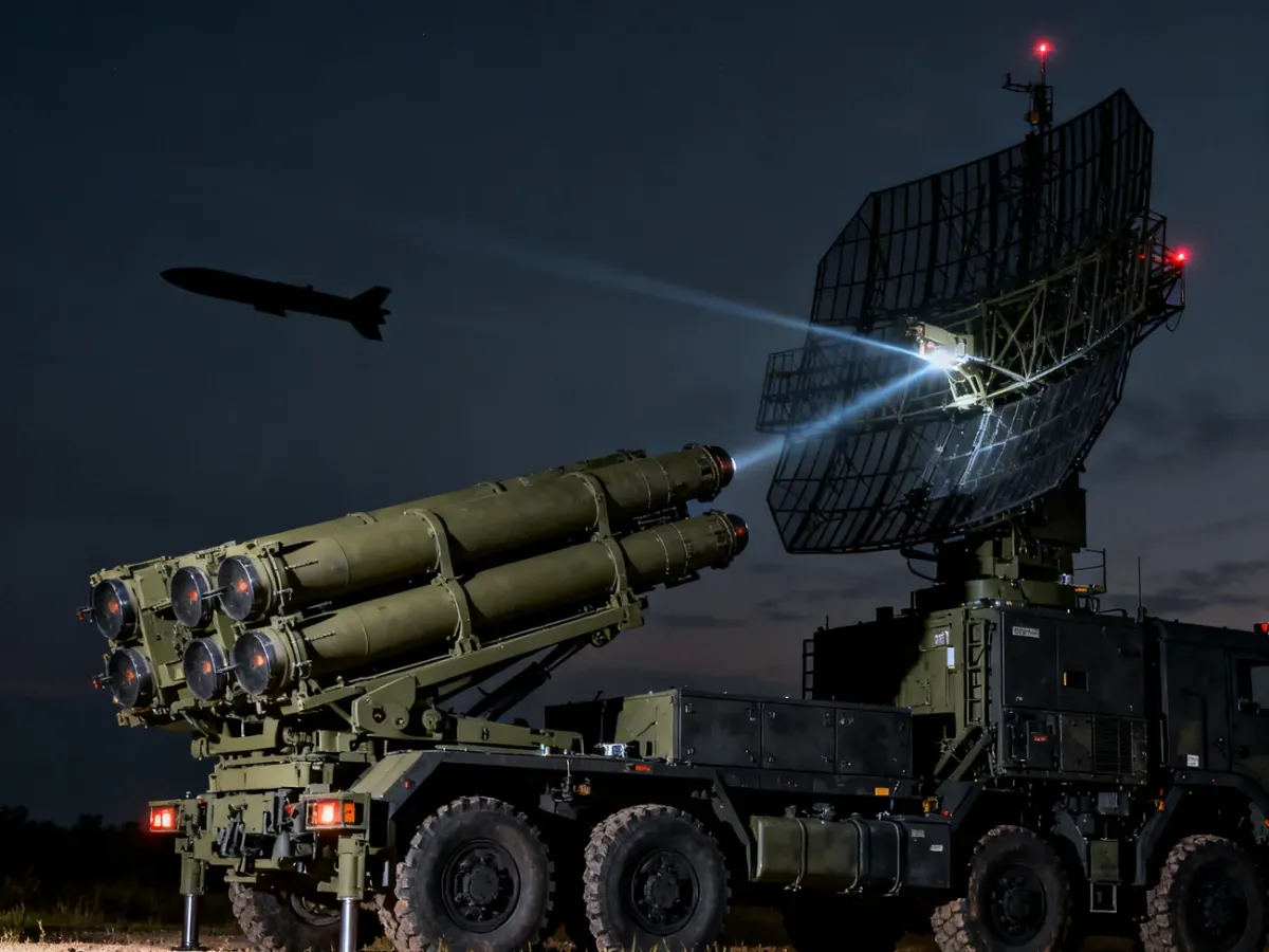 Bateria Patriot i radar podczas nocnej operacji przeciwko nisko lecącemu celowi