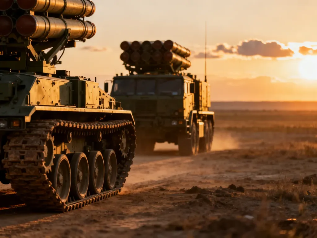 Dwa nowoczesne systemy artylerii rakietowej HIMARS i Smiercz zaparkowane na poligonie w świetle zachodzącego słońca.