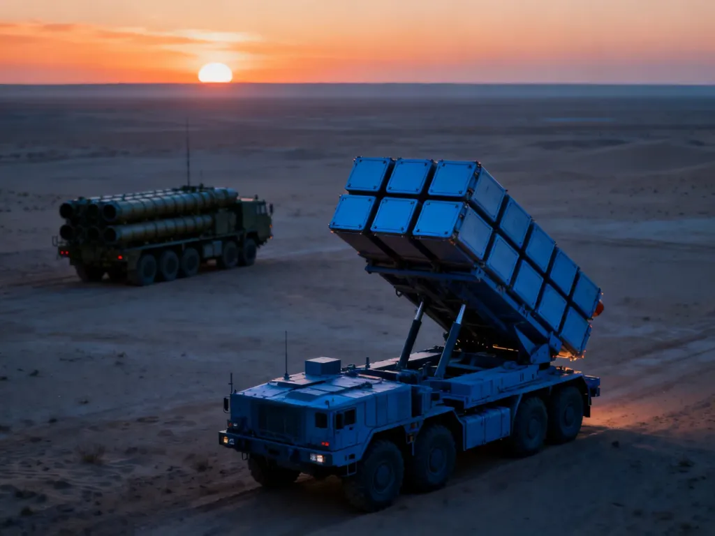 Wyrzutnie systemów Patriot i S-400 ustawione na pustynnym terenie o zachodzie słońca, gotowe do obrony powietrznej.