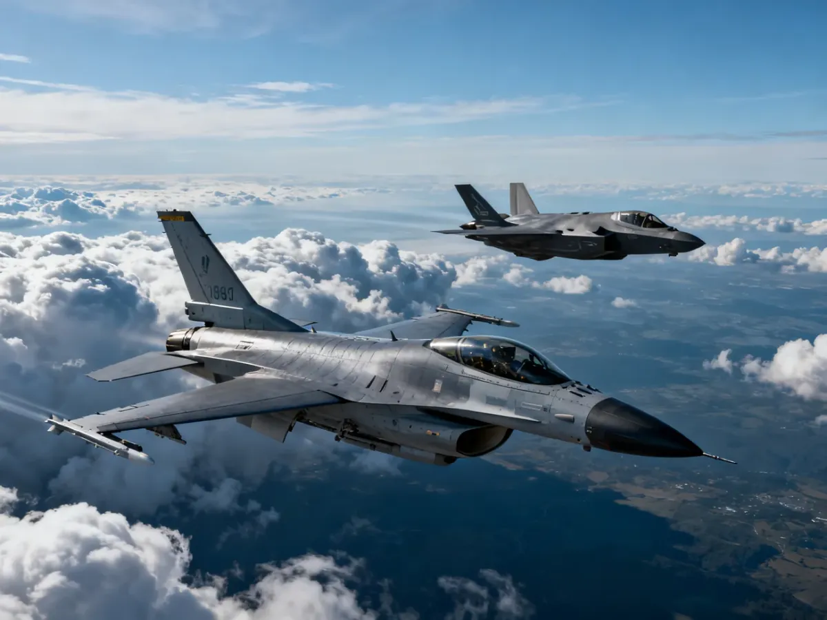 F-16 i F-35 lecące wspólnie nad zachmurzonym krajobrazem