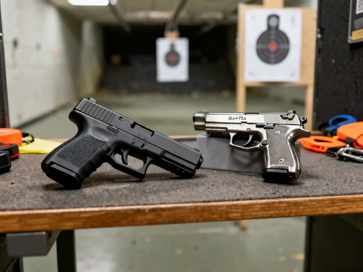 Pistolet Glock i Beretta leżące obok siebie na stanowisku strzelniczym