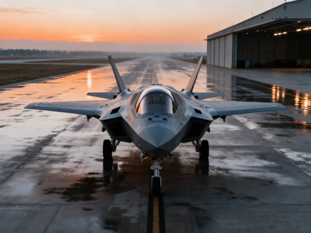 Nowoczesny myśliwiec F-35 zaparkowany na pasie startowym o świcie, prezentujący swoją zaawansowaną konstrukcję typu stealth.