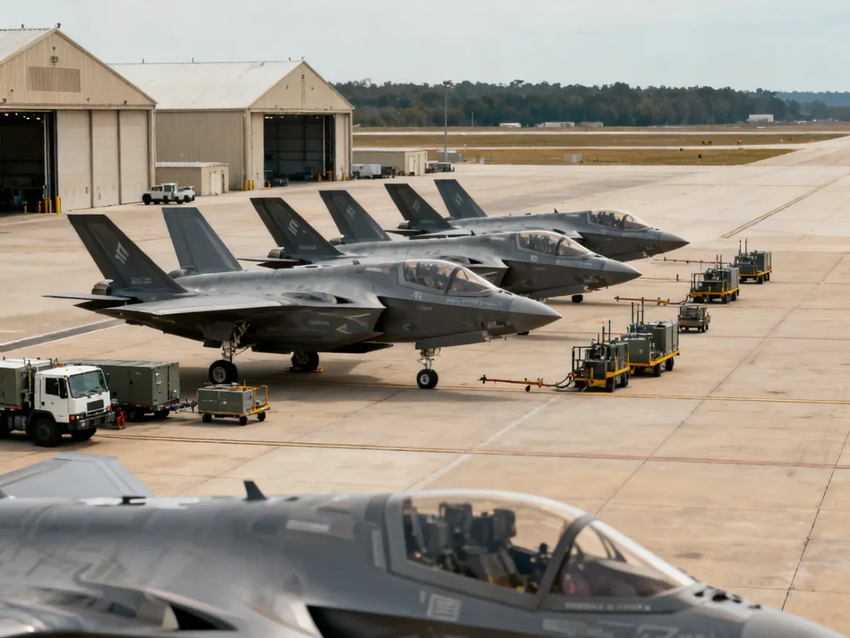 Samoloty F-35A na wojskowej płycie lotniska z zapleczem obsługowym