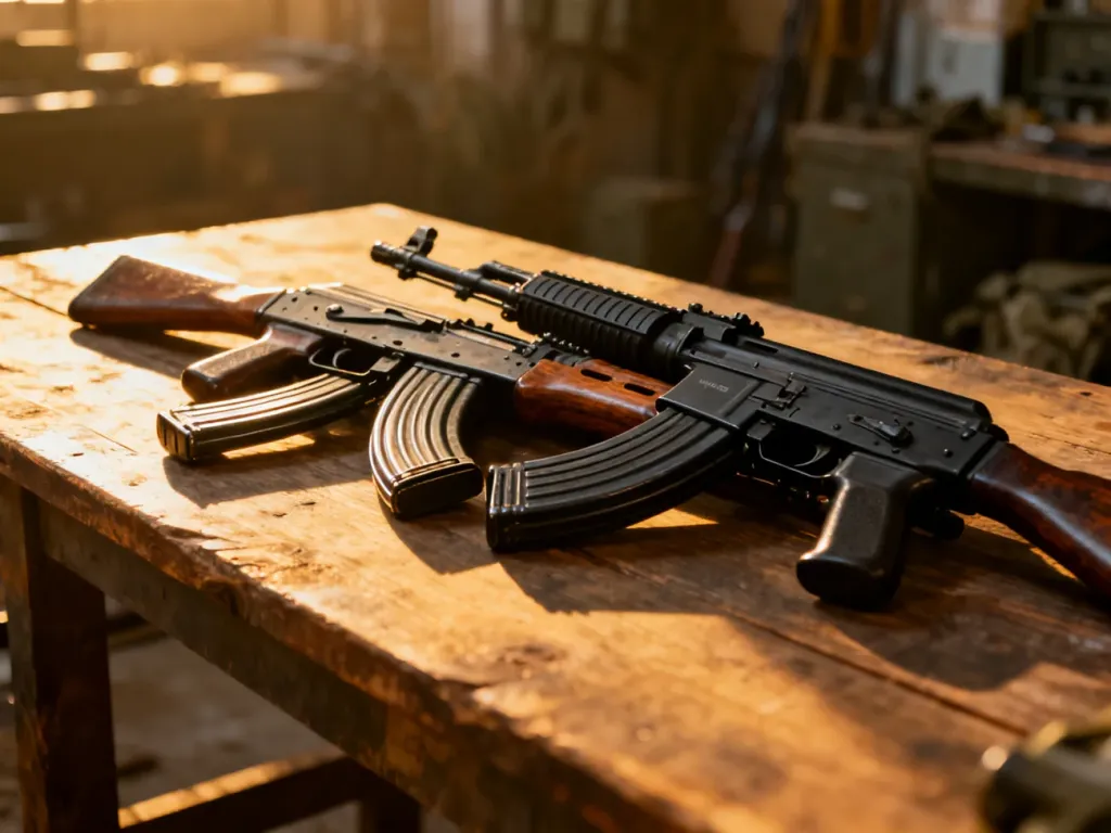 Karabinki AK-47 oraz M16 leżące obok siebie na drewnianym stole w warsztacie, ukazujące różnice w konstrukcji obu broni.