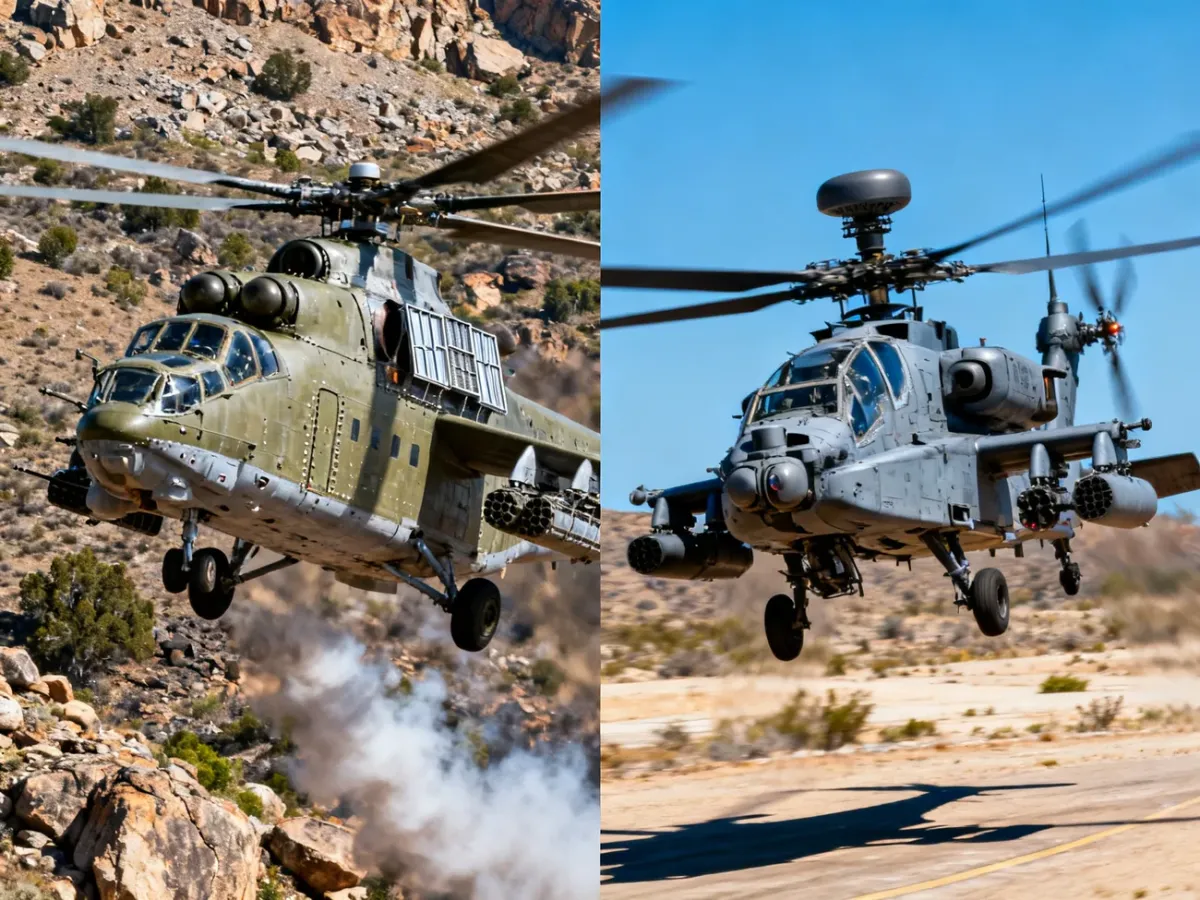 Mi-24 i AH-64E Apache przedstawione jako śmigłowce reprezentujące dwie epoki pola walki