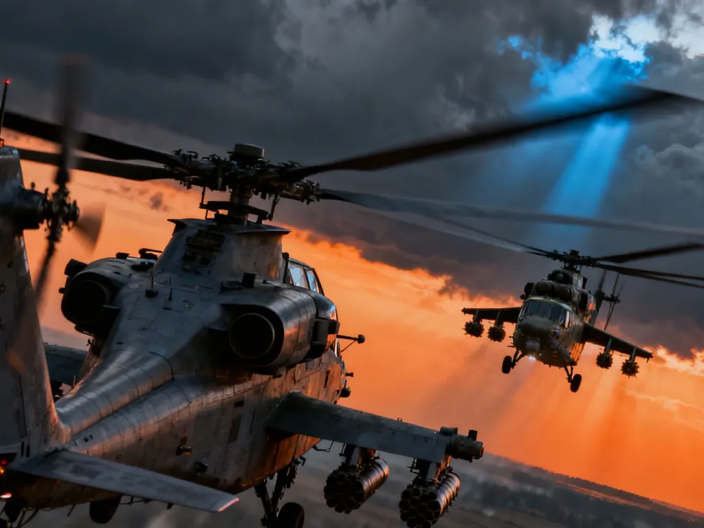 Dwa śmigłowce szturmowe Apache i Mi-24 w dramatycznym starciu na tle burzowego nieba.