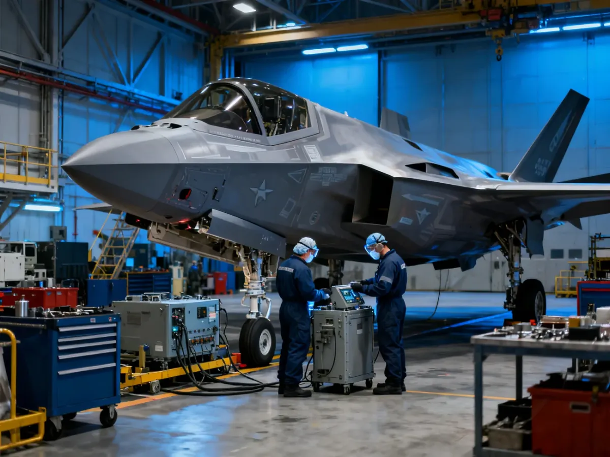 Obsługa techniczna samolotu F-35A w specjalistycznym hangarze