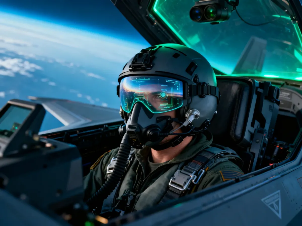 Pilot F-35 w kokpicie korzystający z hełmowego systemu wyświetlania danych
