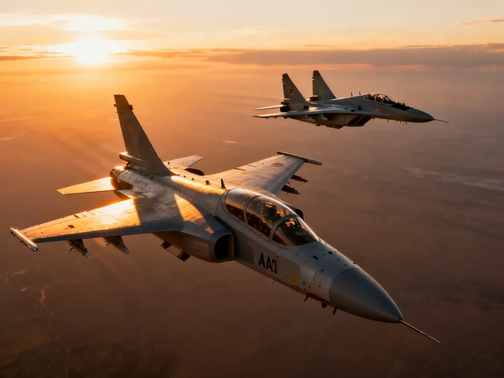 Nowoczesny lekki samolot bojowy FA-50 oraz myśliwiec MiG-29 lecące w formacji na tle zachodzącego słońca.