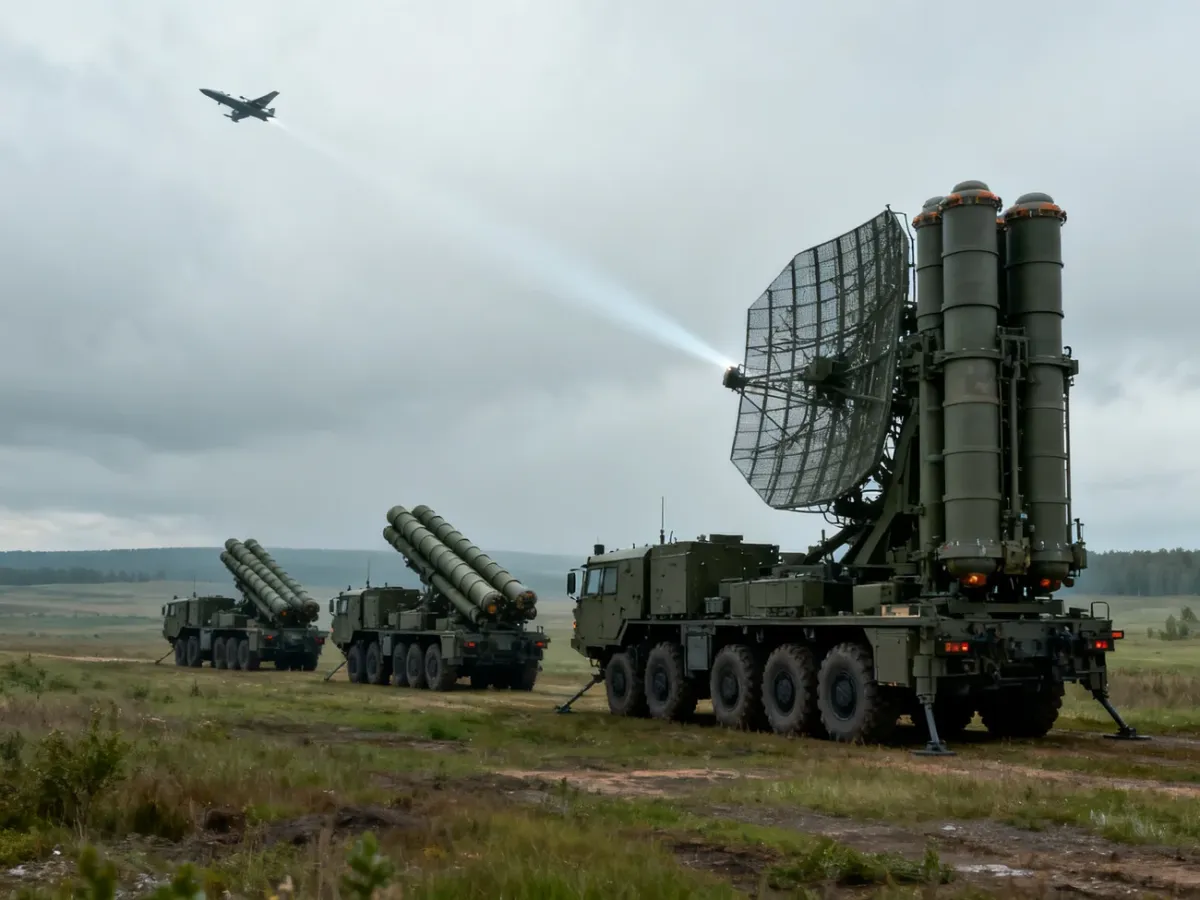 Mobilna bateria S-400 z radarami i wyrzutniami na otwartym terenie