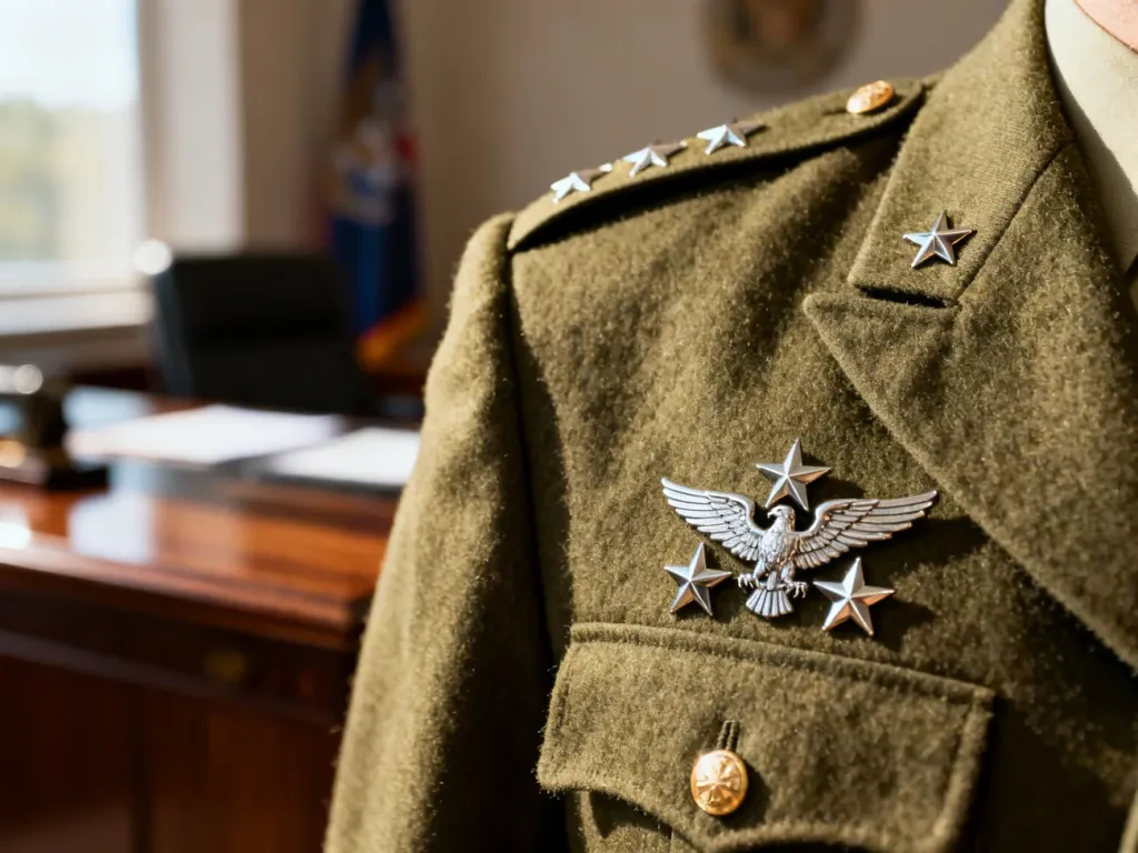 Złota odznaka stopnia pułkownika na oliwkowym mundurze wojskowym w profesjonalnym gabinecie.