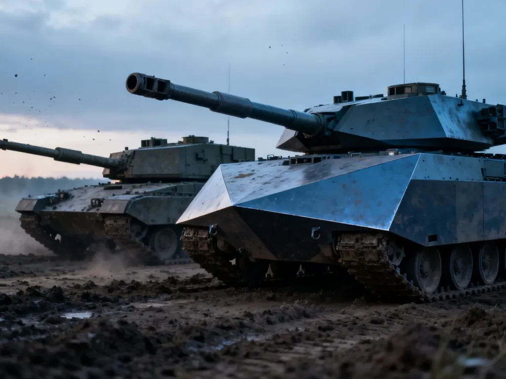 Porównanie czołgów Leopard 2A4 i 2A5 stojących obok siebie na poligonie, ukazujące różnice w konstrukcji ich wież.