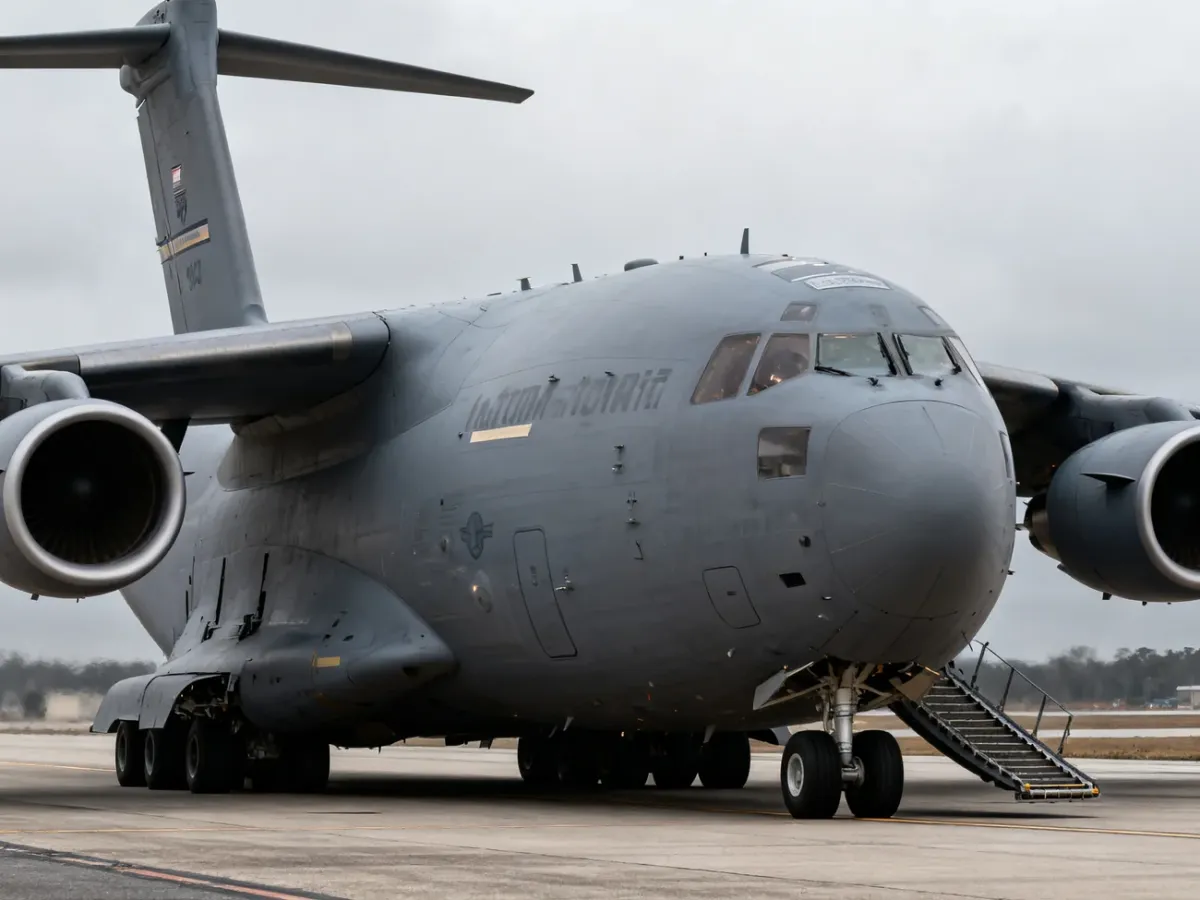 Lockheed C-5 Galaxy na płycie lotniska, ukazujący wysokie skrzydła, masywny kadłub i rampę dziobową