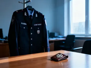 Wojskowa mapa taktyczna z przyrządami nawigacyjnymi i niemieckim emblematem na tle hangaru w świetle zachodzącego słońca.