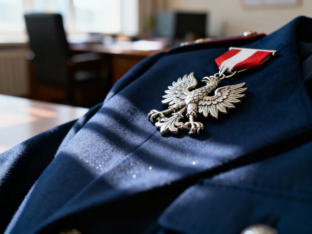 Odznaka „Zasłużony Żołnierz RP” z polskim orłem spoczywająca na granatowym mundurze wojskowym.