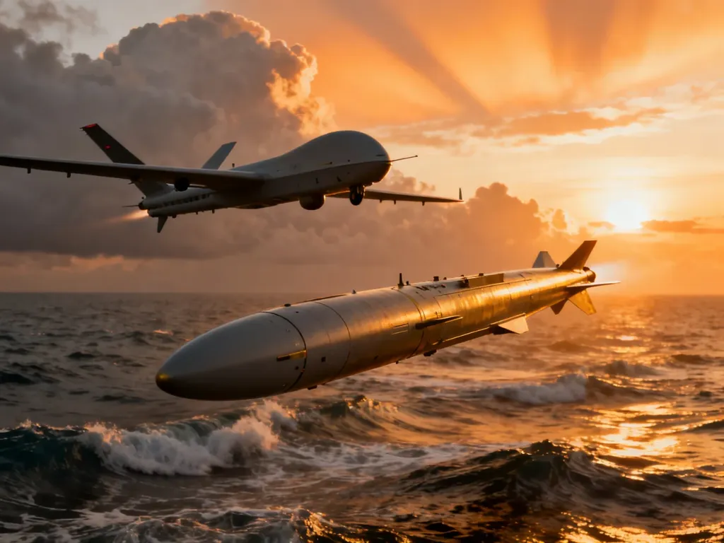 Nowoczesny dron bojowy i rakieta manewrująca lecące nad oceanem podczas zachodu słońca.