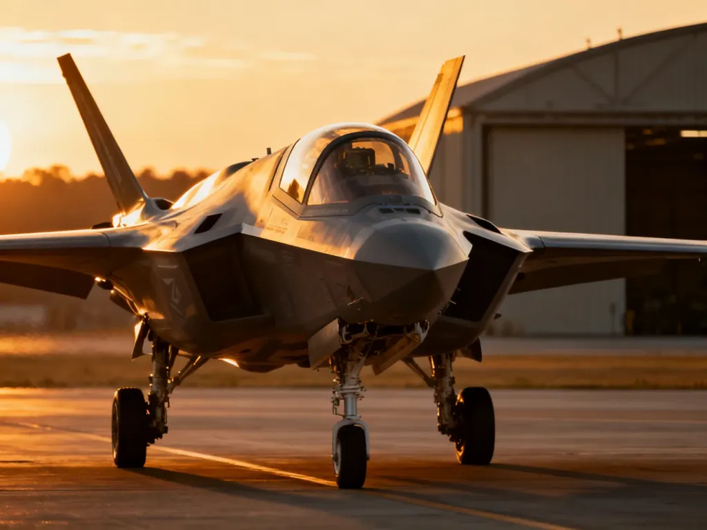 Nowoczesny myśliwiec F-35 zaparkowany na płycie lotniska wojskowego w blasku zachodzącego słońca.