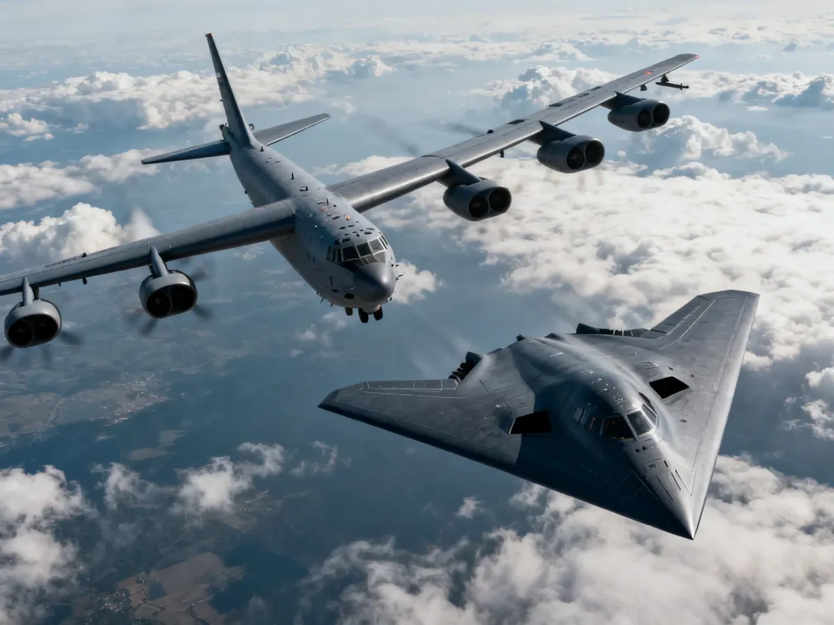 B-52 Stratofortress i B-2 Spirit lecące obok siebie na tle chmur