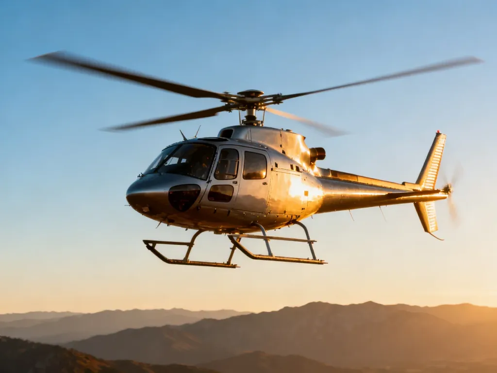 Nowoczesny helikopter w locie na tle błękitnego nieba i gór w świetle zachodzącego słońca.