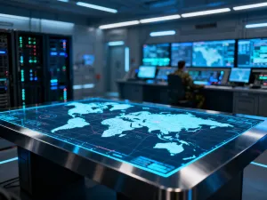 Holograficzna mapa Europy z oznaczeniami strategicznymi w nowoczesnym centrum dowodzenia sił zbrojnych UE.
