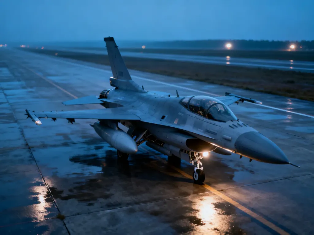 Szary myśliwiec F-16 zaparkowany na mokrym pasie startowym bazy wojskowej w świetle zmierzchu.