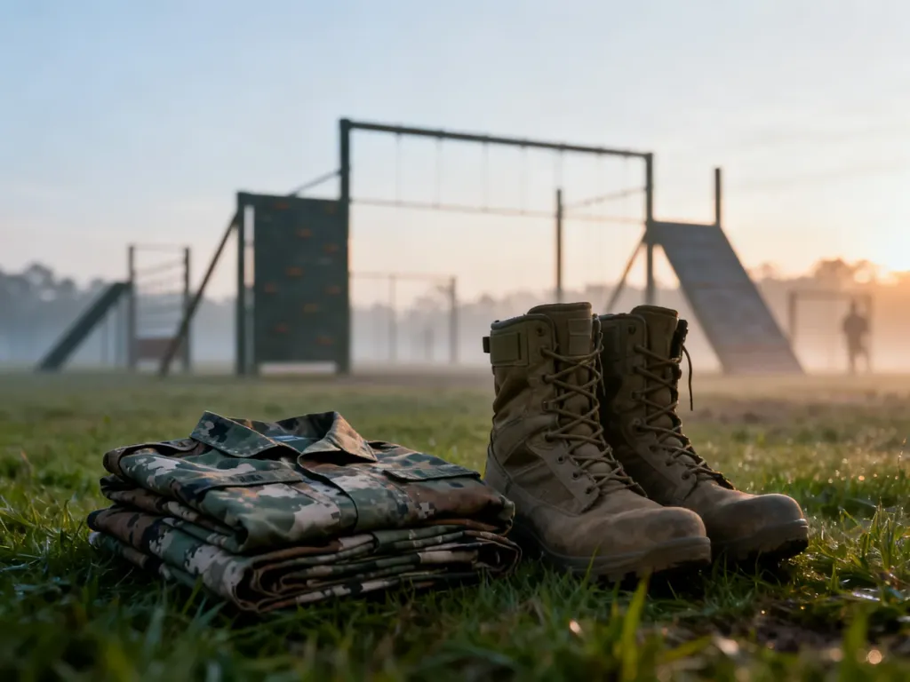 Przygotowany mundur i buty taktyczne na tle poligonu o świcie, symbolizujące początek wojskowego szkolenia.