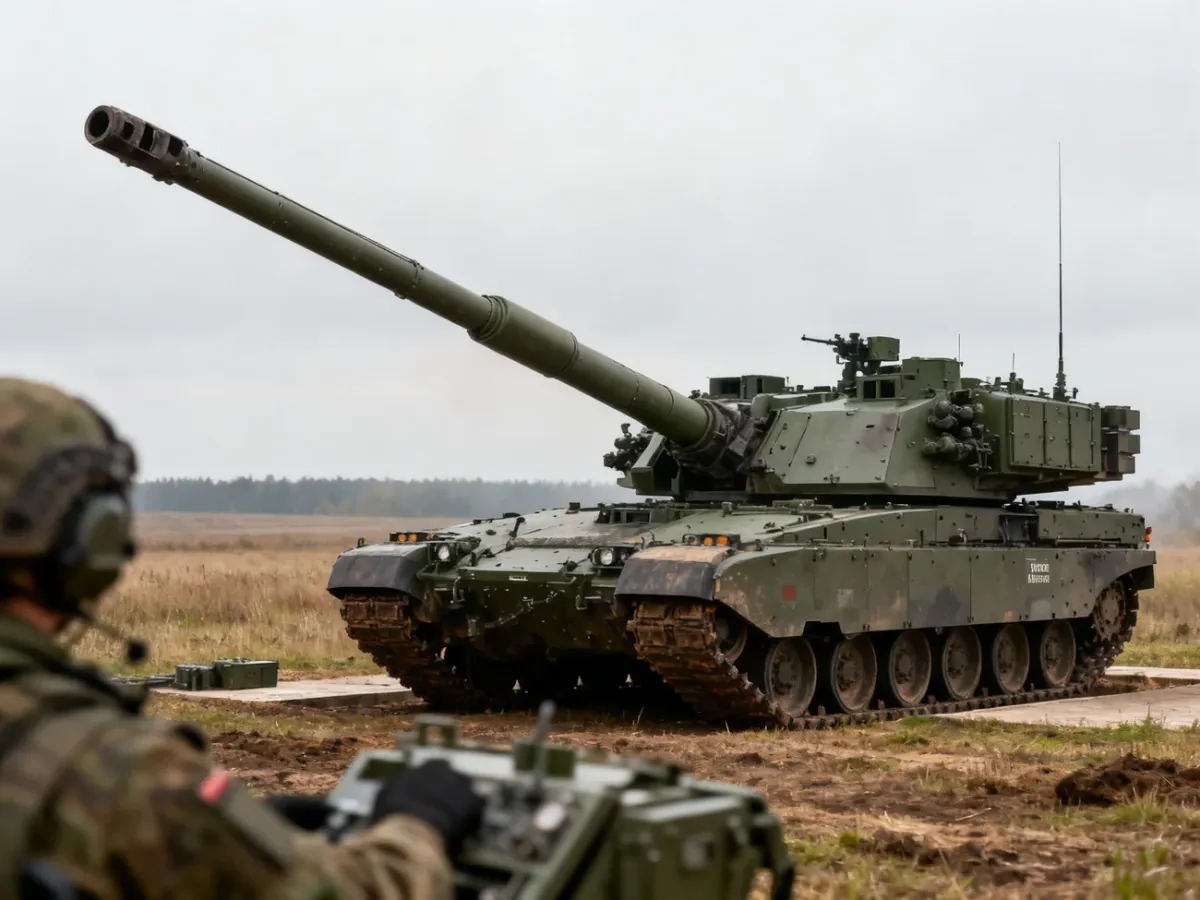 Samobieżna haubica AHS Krab na stanowisku ogniowym z uniesioną lufą