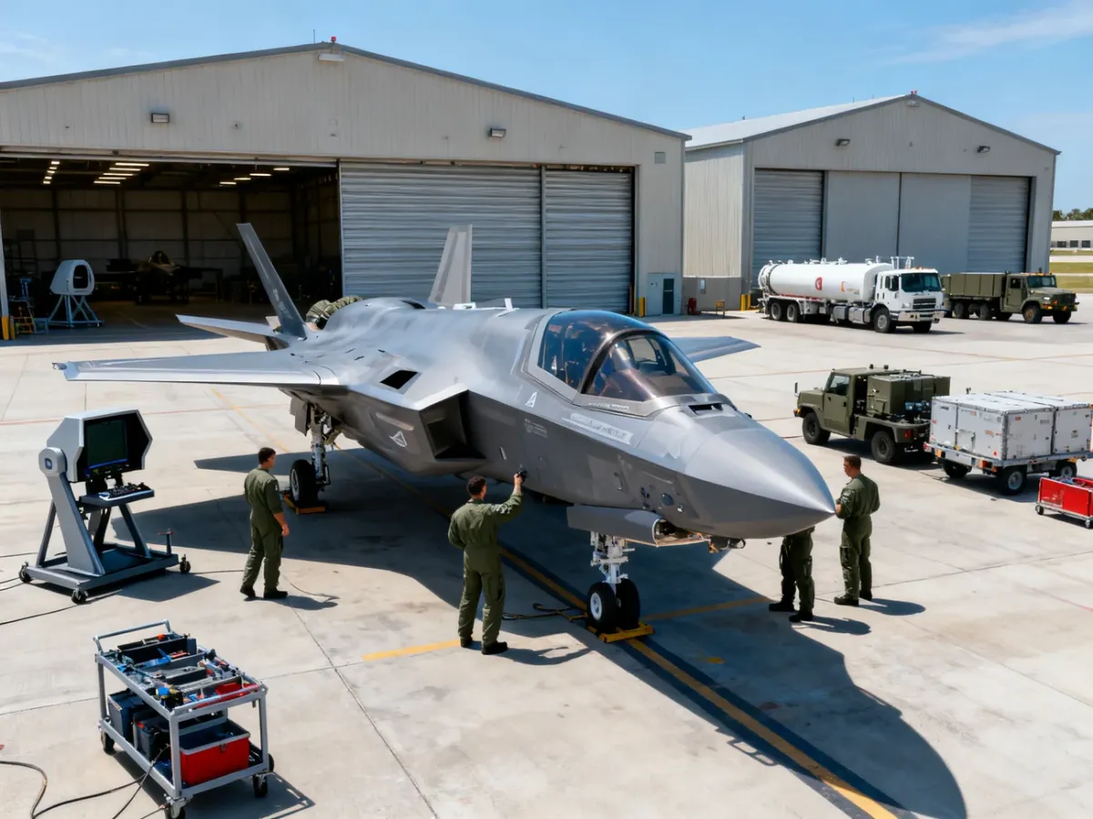 Myśliwiec F-35A na bazie lotniczej otoczony infrastrukturą i sprzętem wsparcia