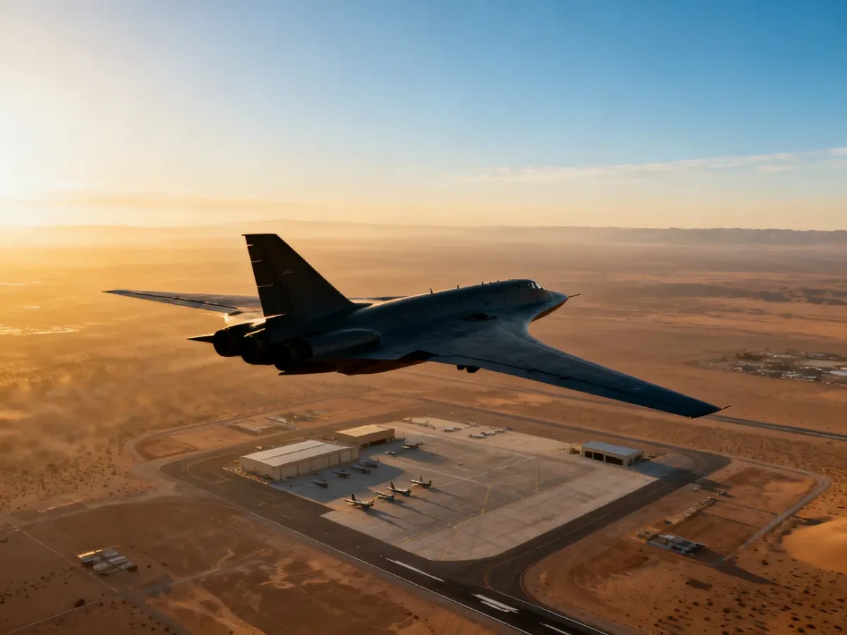 B-21 Raider flying over a desert airbase at dawn