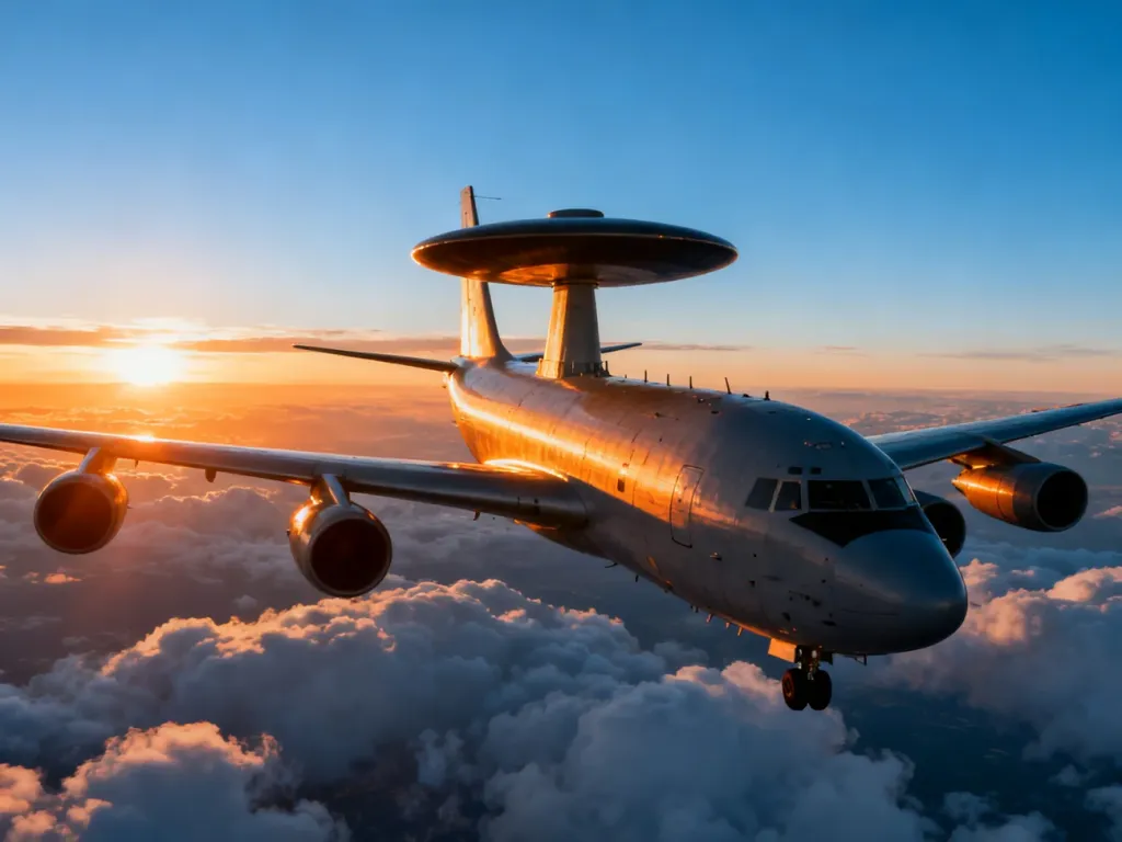 Samolot wczesnego ostrzegania AWACS z charakterystycznym radarem, lecący nad chmurami w świetle zachodzącego słońca.