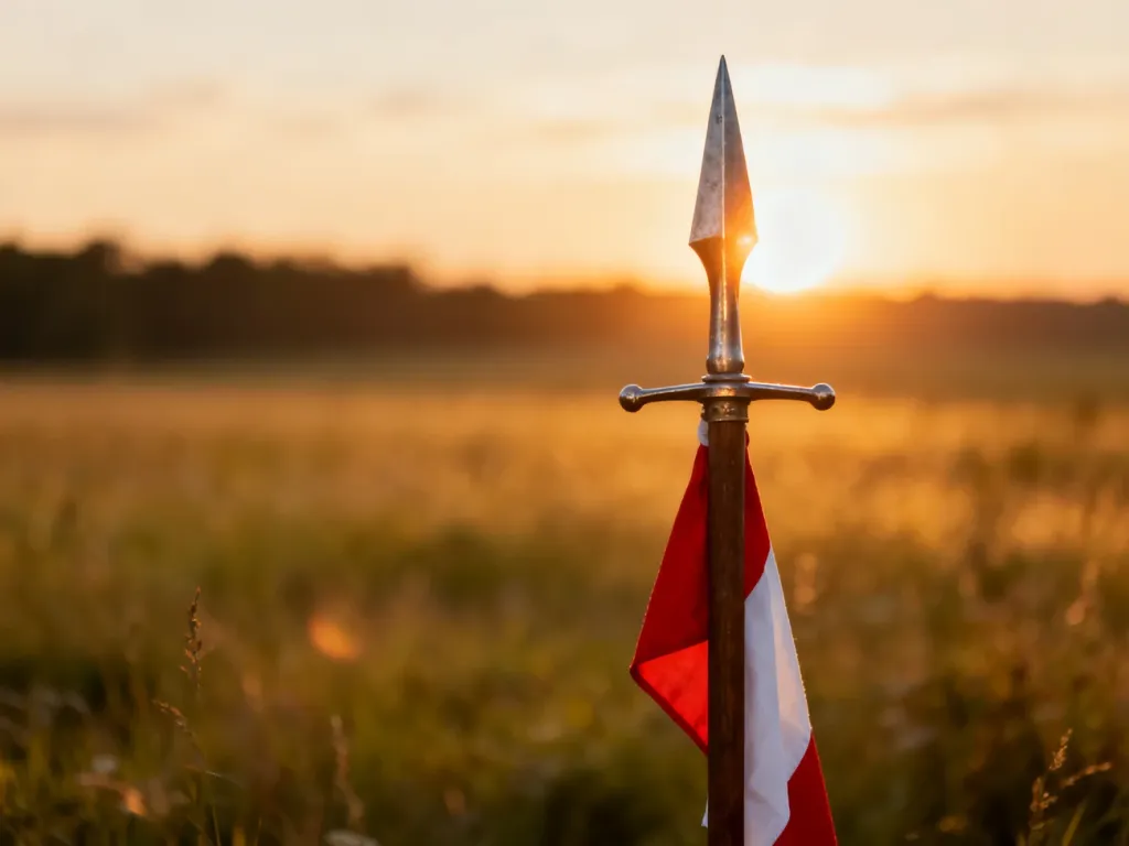 Historyczna lanca ułańska z biało-czerwonym proporcem na tle słonecznej łąki podczas zachodu słońca.