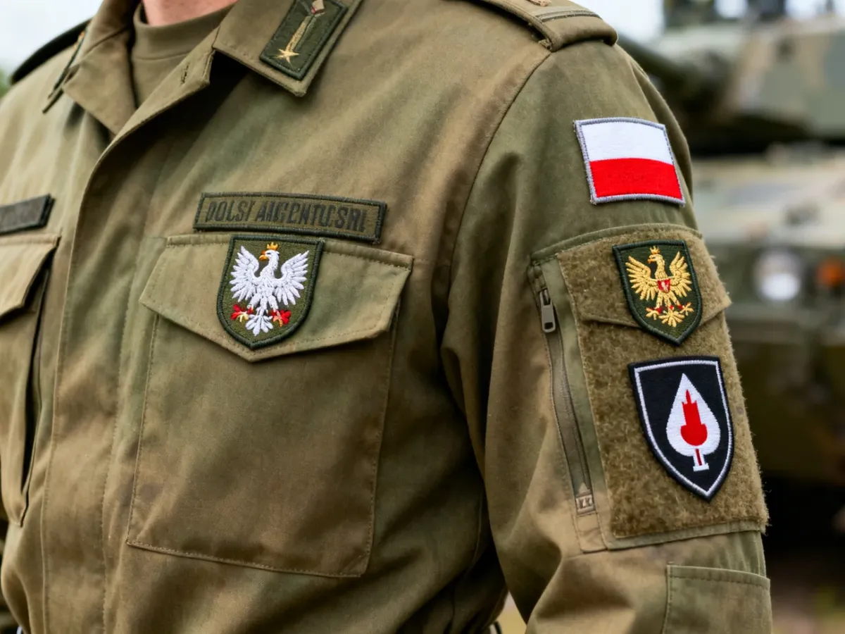 Zbliżenie munduru polowego z naszywkami identyfikacyjnymi, narodowymi, specjalistycznymi i ratunkowymi