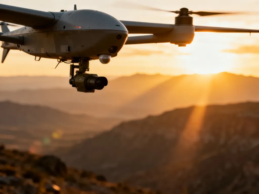 Zaawansowany dron wojskowy z systemami obserwacyjnymi lecący nad górzystym terenem podczas zachodu słońca.