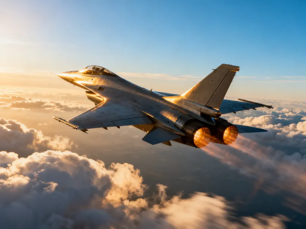 Nowoczesny myśliwiec naddźwiękowy lecący w chmurach podczas złotej godziny, prezentujący aerodynamiczną konstrukcję.