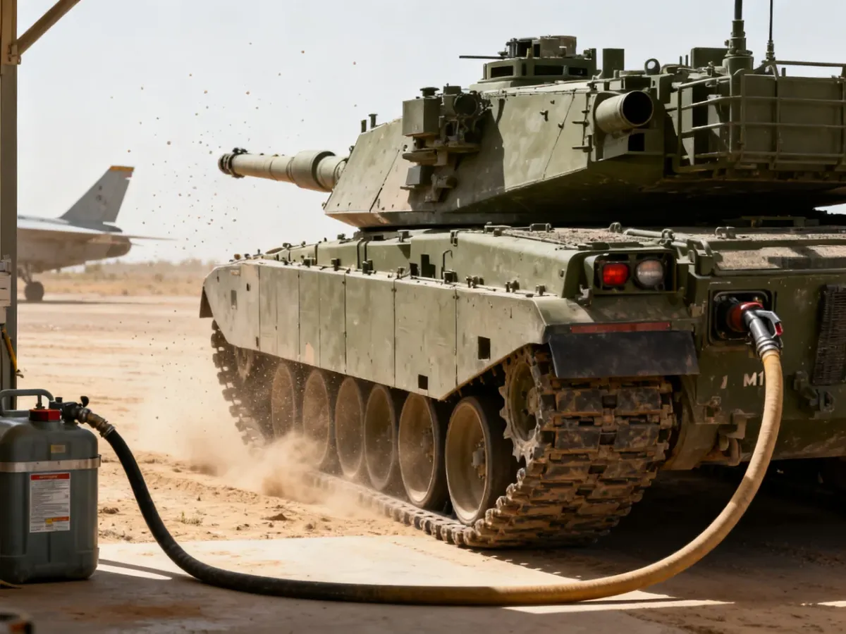Czołg M1 Abrams tankowany paliwem lotniczym na polowym punkcie logistycznym