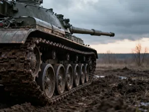 Sprzęt saperski, w tym wykrywacze min i nożyce, rozłożony na polu przed zamaskowanym pojazdem opancerzonym.