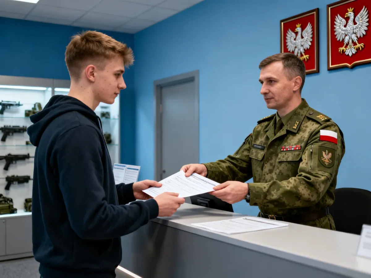 Kandydat składający dokumenty w wojskowym centrum rekrutacji