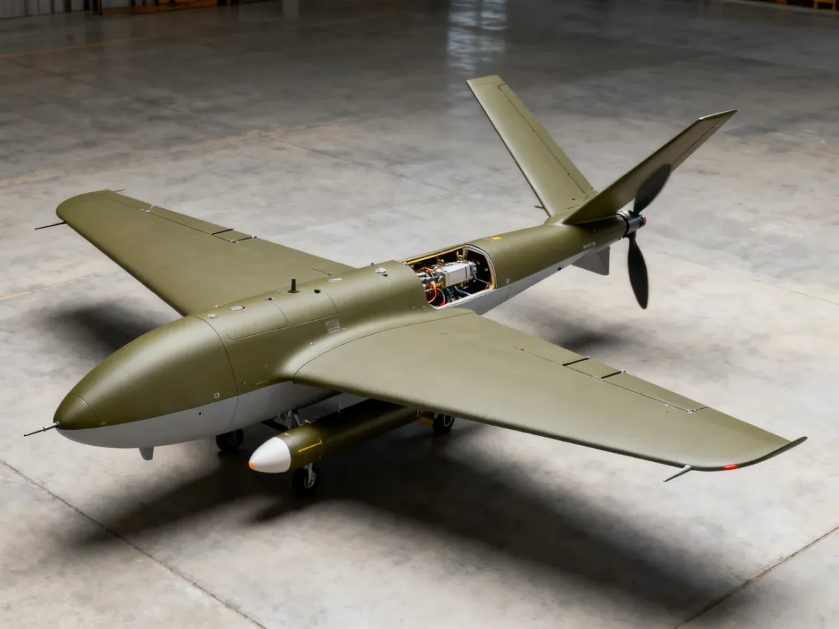 Dron kamikadze o układzie skrzydeł delta przedstawiony w ujęciu technicznym