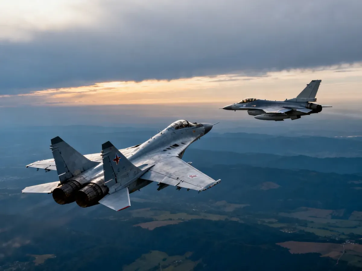 MiG-29 i F-16 lecące obok siebie nad rozległym krajobrazem
