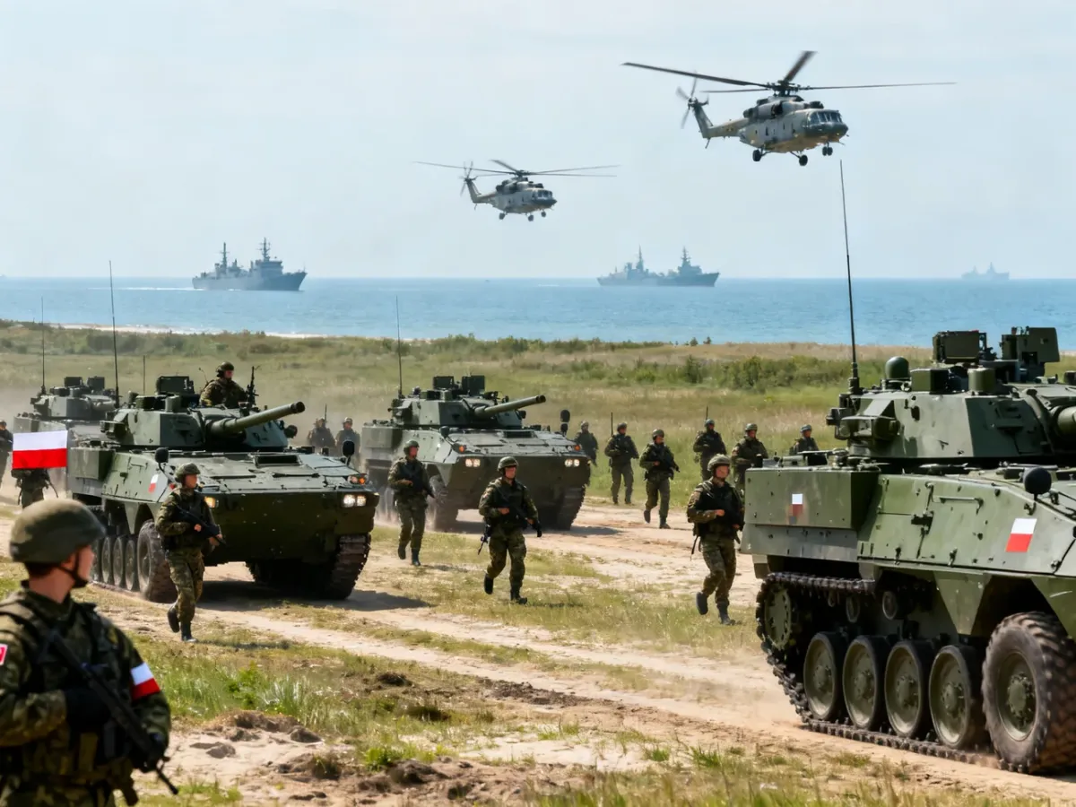 Polish soldiers conducting a coordinated joint military exercise with land, air and naval forces