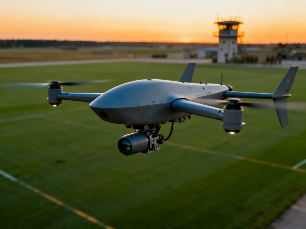 Nowoczesny dron rozpoznawczy zawieszony nad poligonem wojskowym podczas zachodu słońca.