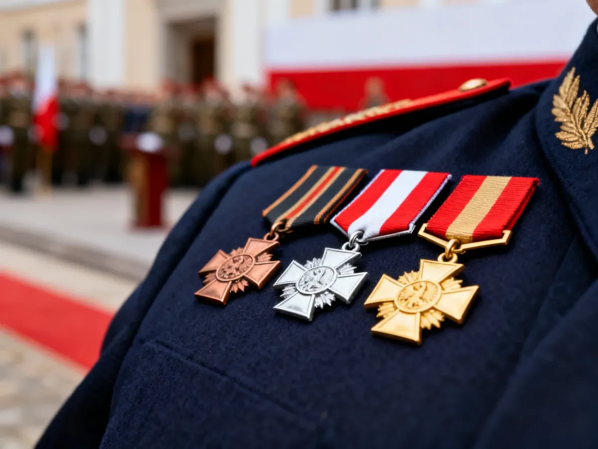 Trzy stopnie medalu wojskowego ułożone na ceremonialnym granatowym tle