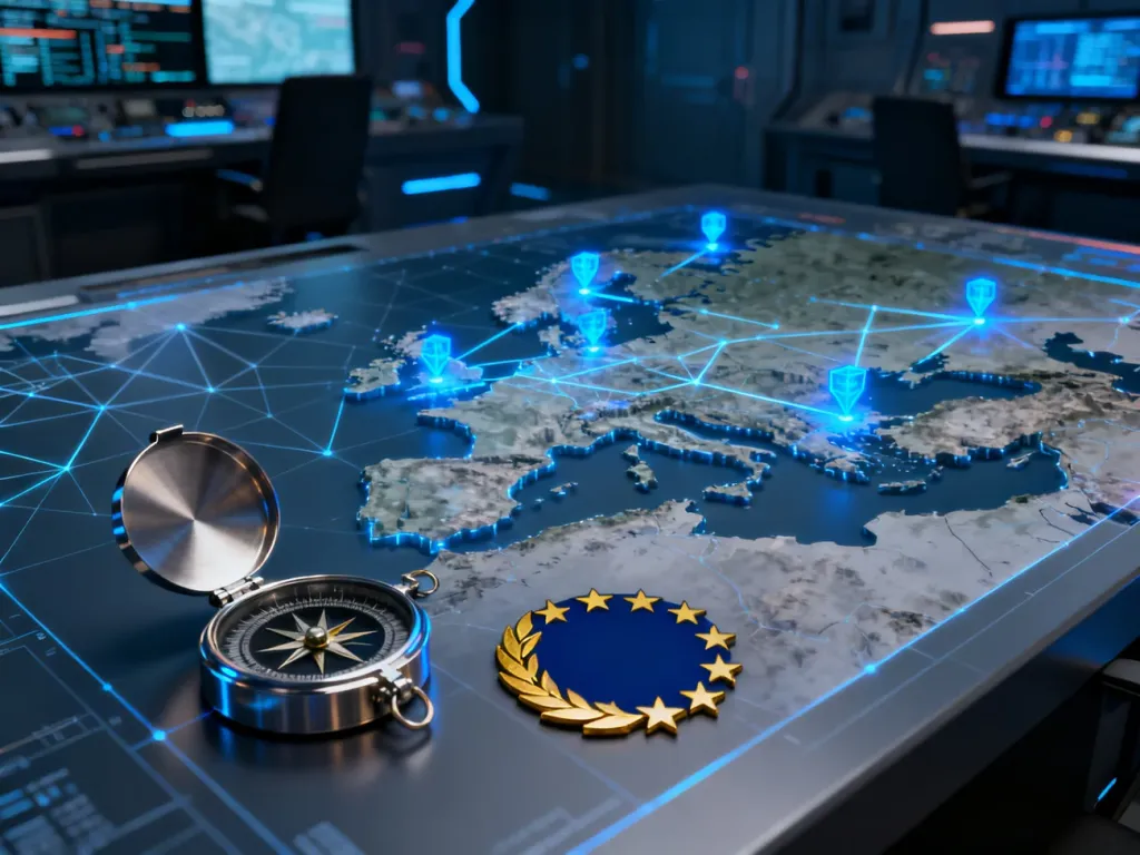 Holograficzna mapa Europy z oznaczeniami strategicznymi w nowoczesnym centrum dowodzenia sił zbrojnych UE.
