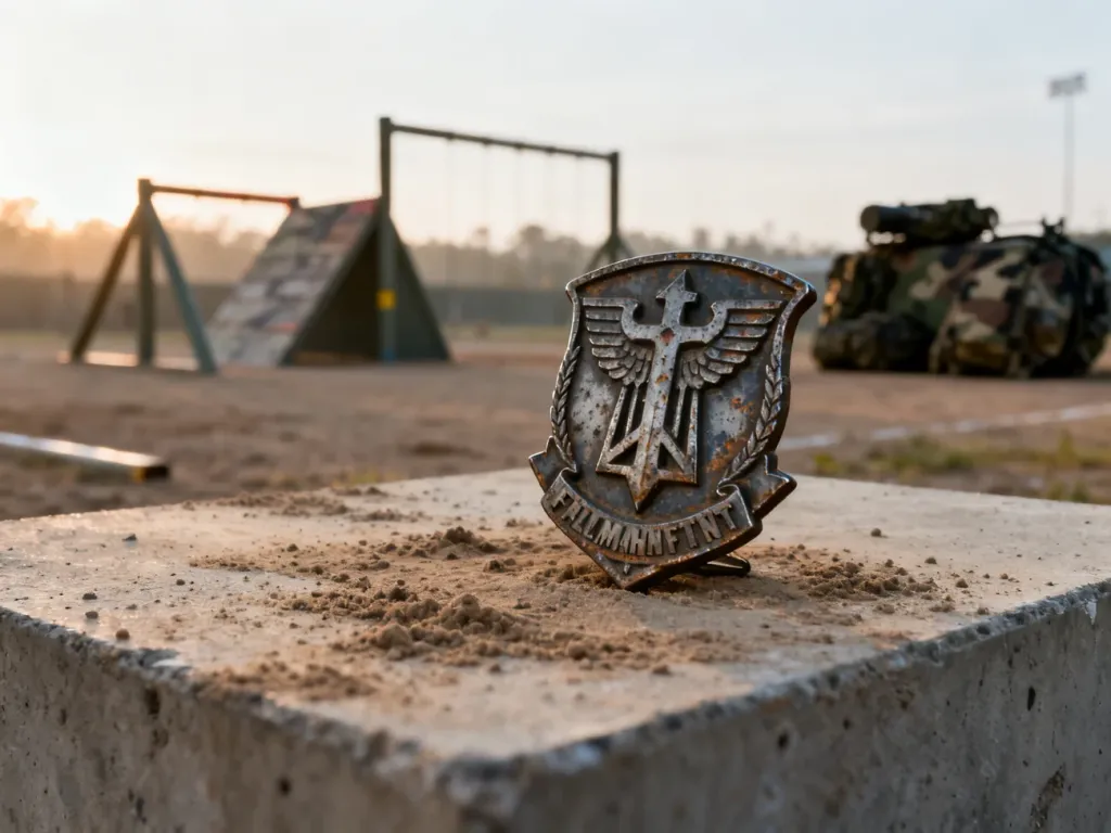 Metalowy emblemat batalionu na tle poligonu wojskowego o świcie, symbolizujący gotowość i szkolenie jednostki.