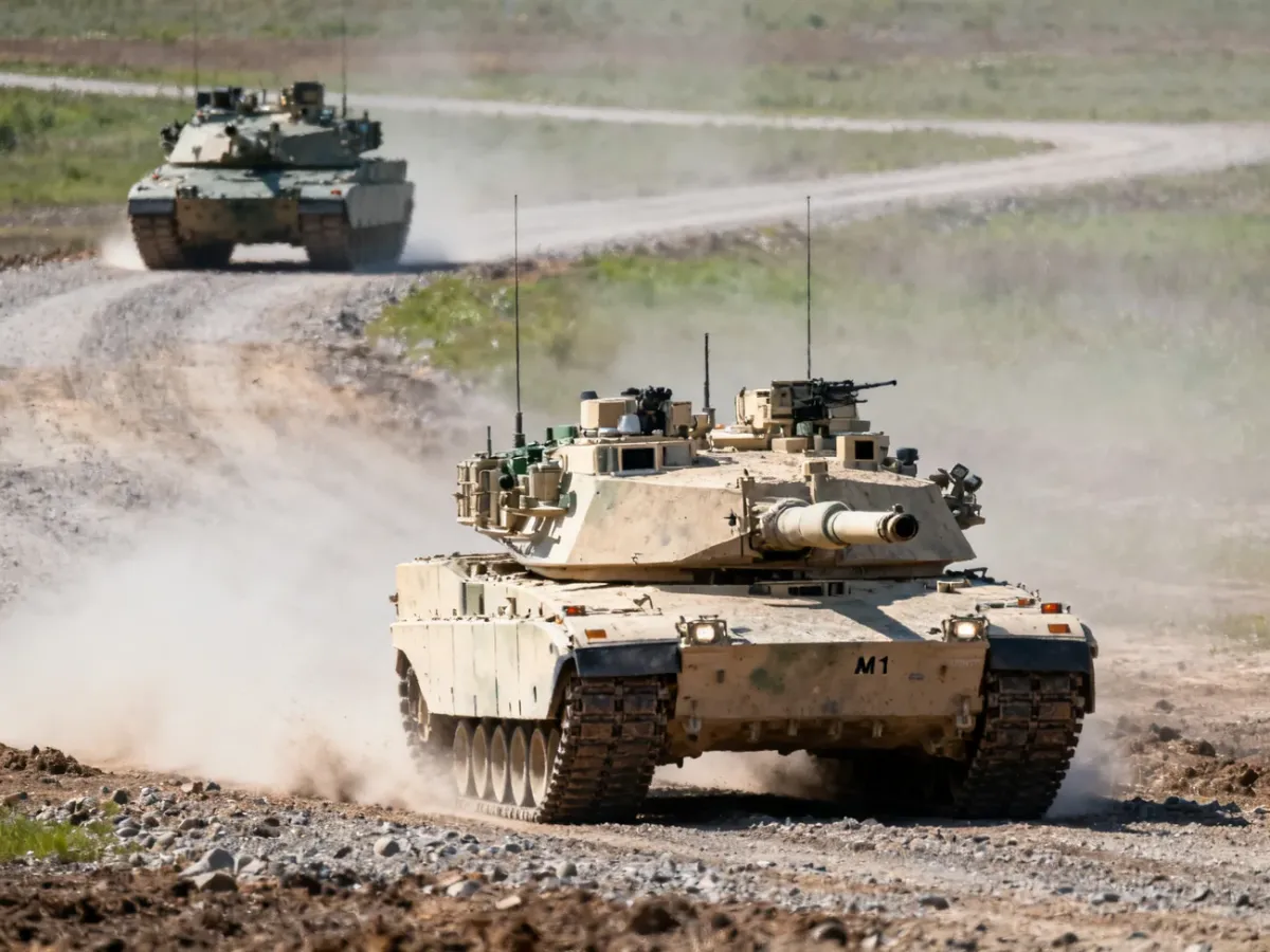 Czołg M1 Abrams podczas jazdy w terenie, z Leopardem 2 w tle